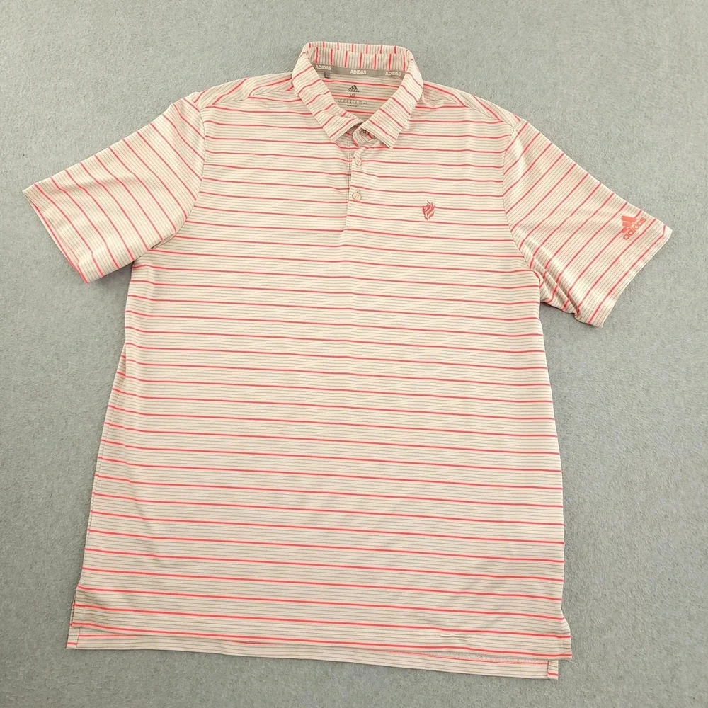 Adidas Polo Shirt Mens XL‎ Pink Stripe Golf Performance Stretch Logo Top